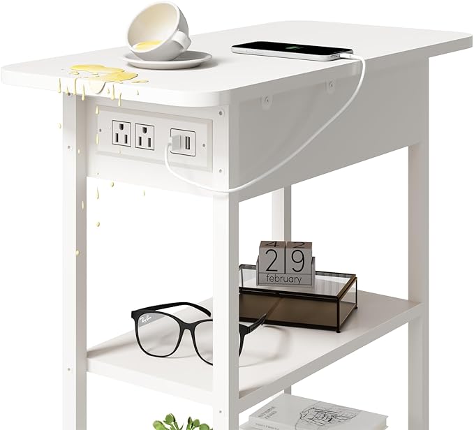 LIDYUK End Table with Charging Station, Flip Top Side Table with USB Ports and Outlets, Nightstand for Small Spaces, Bedside Tables with Storage Shelf for Living Room, Bedroom, White
