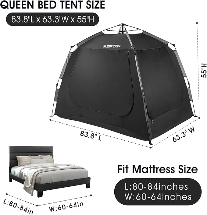 Portable Bed Tent Bed Canopy Queen Size,ONE-Click Sleeping Tent Breathable Indoor Tent Privacy Large Space with 3 Doors for Kids and Adult