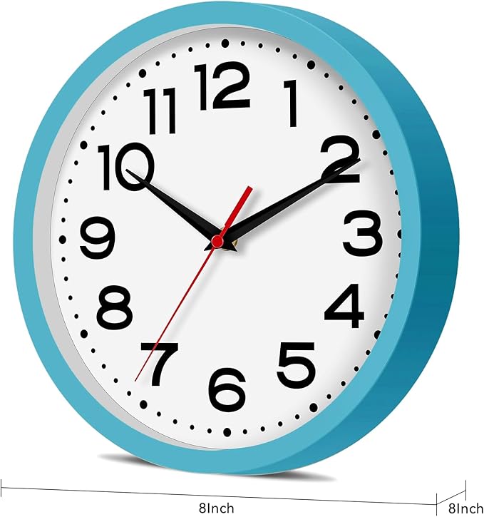 Wall Clock Silent Non-Ticking Modern Clock Battery Operated 8 Inch Small Classic Analog Decorative for Kitchen, Living Room, Office, Bedroom, Bathroom (Blue)