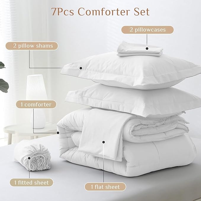 JOLLYVOGUE Full Comforter Set, Ultra-Soft Bed in a Bag Full Size 7 Pieces, Oeko-TEX Certified Bedding Set with Down Alternative Comforter, Sheets, Pillowcases & Shams, White