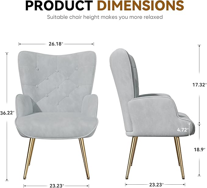 Nalupatio Mid Century Modern Velvet Accent Chair, Tufted Button High Back Chair, Upholstered Wingback Armchair with Metal Legs, High Back Side Chair for Living Room Bedroom, Grey