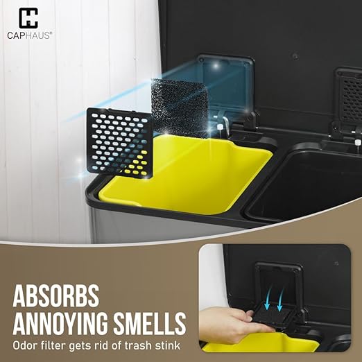 CAPHAUS Black Dual Trash Can w/Single Lid, Trash & Recycle Bins Combo, Hands-Free Stainless-Steel Garbage Can for Kitchen, with 2 Compartment, Hinged Lid, Odor Filters, Handles, 30L+30L, 2 x 8 Gal