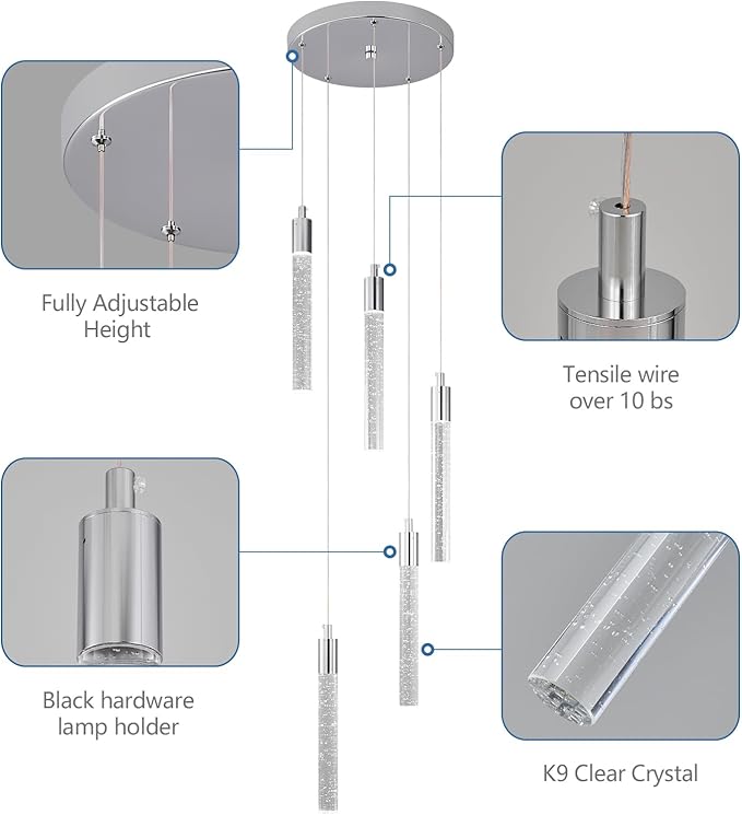 Modern Light Fixture Kitchen Island Pendant Light Dimmable LED Chrome Pendant Lights Mini Crystal Pendant Lighting for Bedroom Dining Room Living Room（5-Light ）