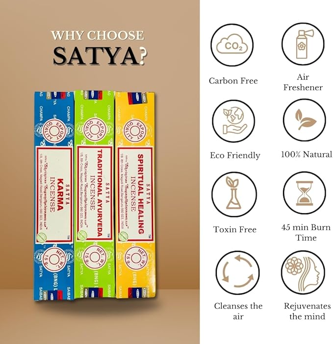 Satya Natural Incense Sticks Assortment – 12 Pack, 15g Each – Hand Rolled in India – Aromatherapy, Meditation, Yoga, Relaxation, Stress Relief, Home Fragrance