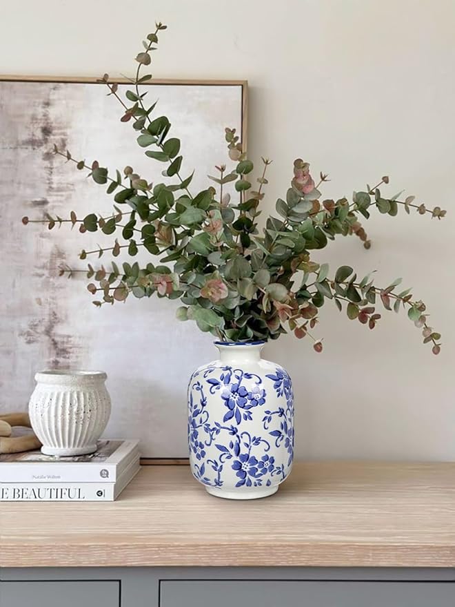 Hollyone Blue and White Porcelain Vase Large Chinoiserie Floral Vintage Tall Blue Ceramic Vases for Home Mantle Shelf Living Room Table Centerpieces Decor, 7.3 Inch