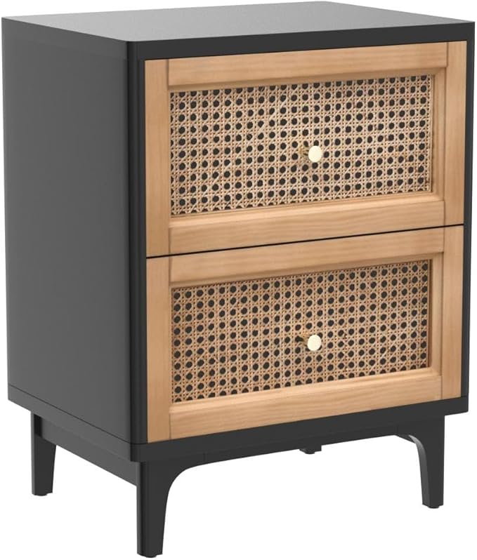 COZAYH Set of 2 Fully-Assembled 2-Drawer Woven Cane Front Accent Nightstand with Brass Knobs, Black