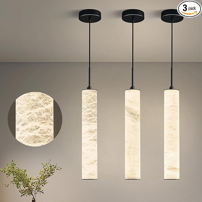 LMQNINE Natural Alabaster Pendant Lights for Kitchen Island White Marble Long Tube Chandelier Modern Black Ceiling Light Fixtures for Bedroom Dining Room Table Living Room Hallway(M-3Pack)