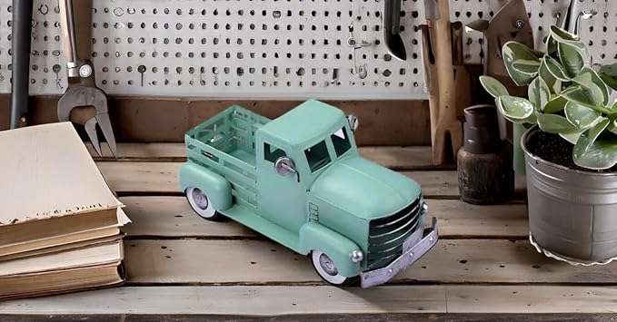 Metal Truck Decor,Farmhouse Truck Decor,Decorative Tabletop Storage & Pick-up Metal Truck Planter,12.5" x 5.75" x 6.25" inches (Green)