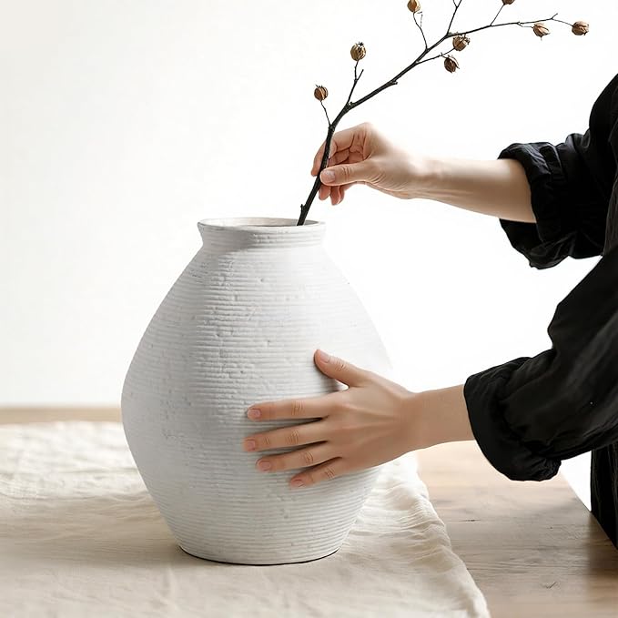 12” Ceramic Distressed Vase Handcrafted Rustic Neutral Decorative Floor Vases Home Decor Accent for Living Room, Dining Table, Entryway or Shelf Styling