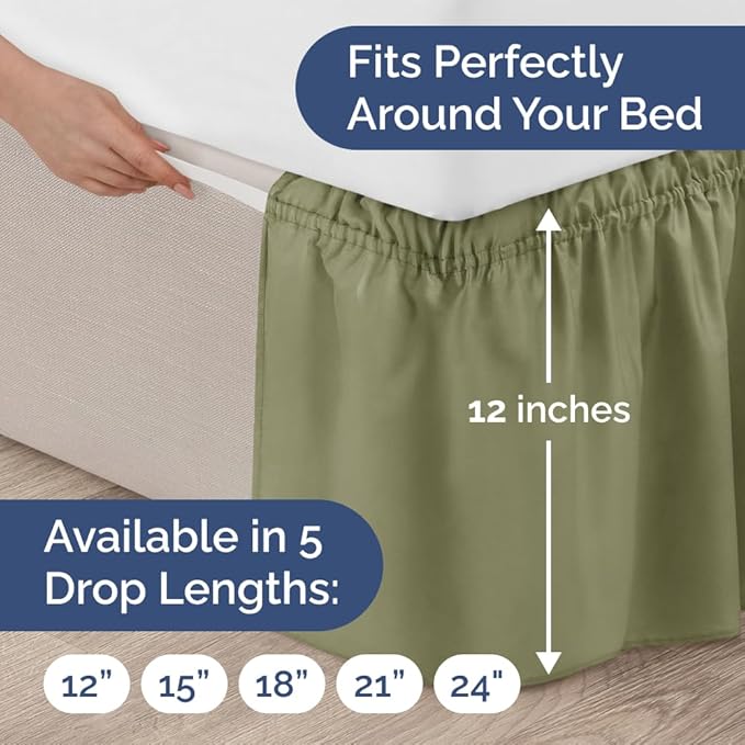 Wrap Around Dust Ruffle Bed Skirt - Sage Green - for Full Size Beds with 12 Inch Drop - Elastic Strap - Adjustable Pleated Bedskirt with Brushed Fabric and Wrinkle Free - for Women, Men, Kids & Teens
