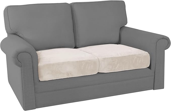PrinceDeco Velvet Couch Cushion Cover Stretch Sofa Seat Covers Washable Cushion Slipcover for Chair Love Seat Sofa Cushion Furniture Protector Seat Cushion Sofa Cover (Each Width Up to 29.5", Ivory)