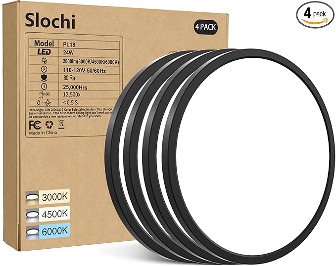 4PACK LED Flush Mount Ceiling Light Fixture Black, 9Inch 24Watt, 3000k/4500k/6000K LED Ceiling Light, Ultra Slim Flush Mount LED Ceiling Lamp for Bedroom, Living Room, Kitchen, Hallway,NOT-DIMMABLE