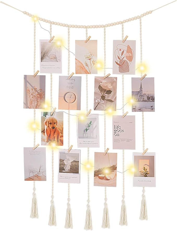 Macrame Hanging Photo Display Boho Wall Decor with String Lights Wooden Beads Garland Picture Frame Collage Holder with 30 Clips for Room, Bedroom, Dorm, Christmas Teenage Teen Girl Gifts (Beige, Medium)