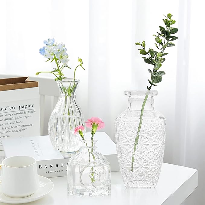 Bud Vases- Set of 10 Small Flower Glass Vases for Centerpieces, Cute Clear Crystal Bud Glass in Bulk, Mini Vintage Design for Wedding Decorations Party Table Flower Decor