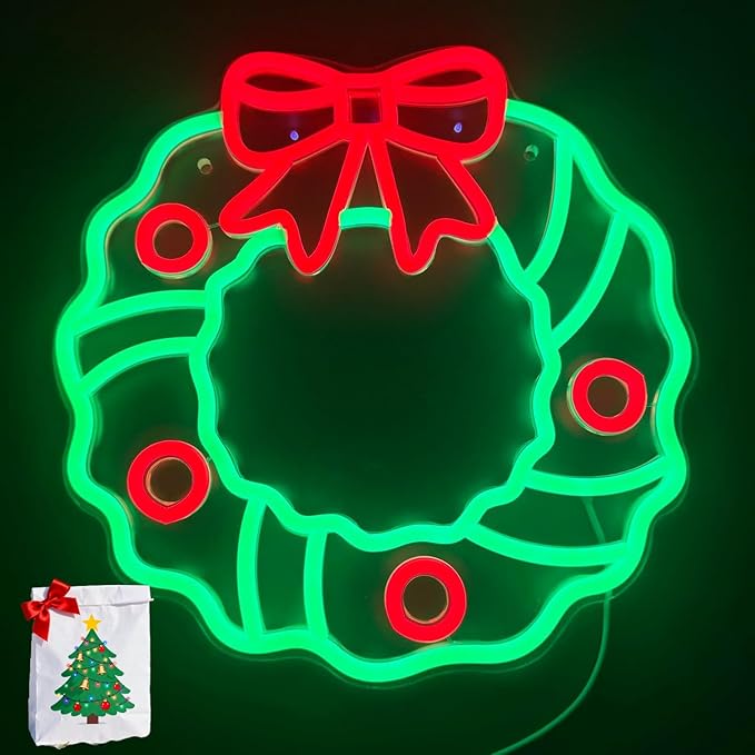 Christmas Cartoon wreath Neon Sign,USB Powered Neon Light Sign LED Signs for Wall Light Up Signs for Home Party,Bedroom,Dining Room,Living Room,Fireplace (And Christmas Mystery Blind Bag)