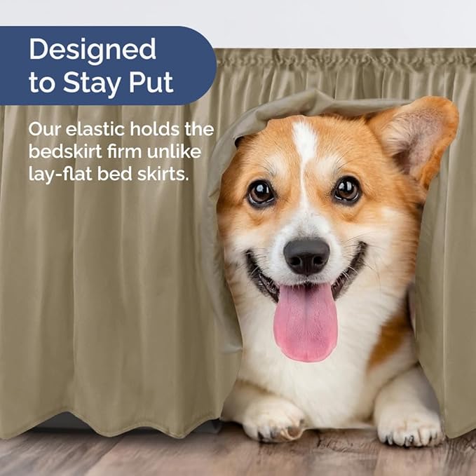 Wrap Around Dust Ruffle Bed Skirt - Khaki - for Full Size Beds w/ 15 Inch Drop - Easy Fit Elastic Strap - Adjustable Pleated Bedskirt w/Brushed Fabric - Wrinkle Free - for Women, Men, Kids & Teens