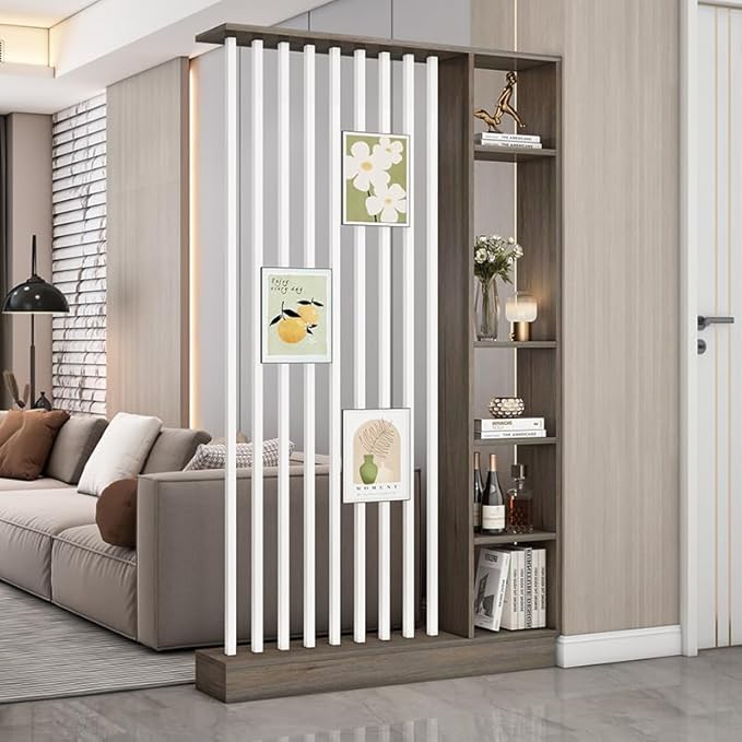Wall Room Divider, Storage Cabinet Storage Display with Shelves, Modern Freestanding Wood Room Divider Screen, Wall Privacy Screens for Home Decorative (Grey Oak+White,47" L x 9.5" W x 79.5" H)