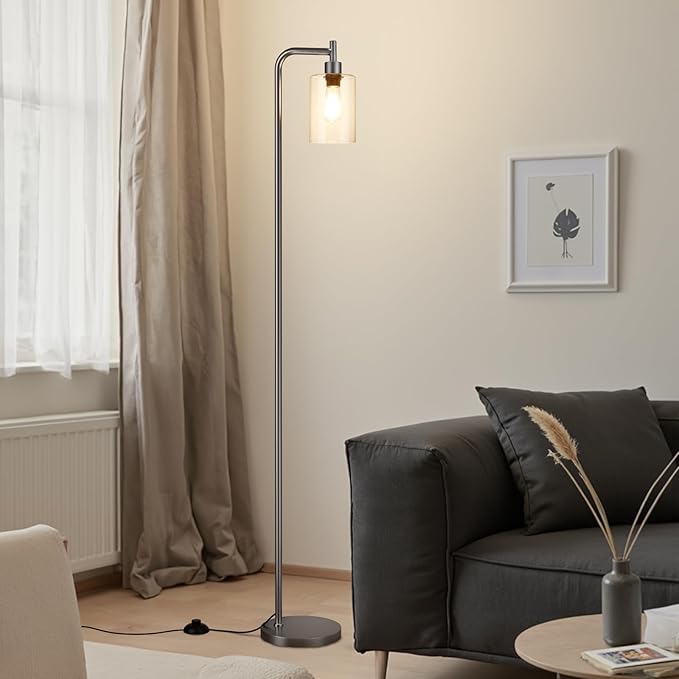 Floor Lamps for Living Room - Industrial Standing Lamp with Glass Shade, Modern Grey Floor Lamp with LED Bulb, Farmhouse Floor Lamp for Bedroom, Tall Lamp for Office - Grey