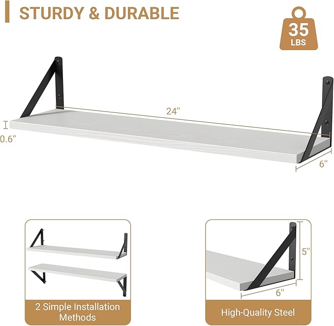 Heimlove Floating Shelves for Wall, 24 Inch Long Wood Floating Shelves Set of 3, Wall Mounted Hanging Shelf for Bathroom Bedroom Kitchen, White