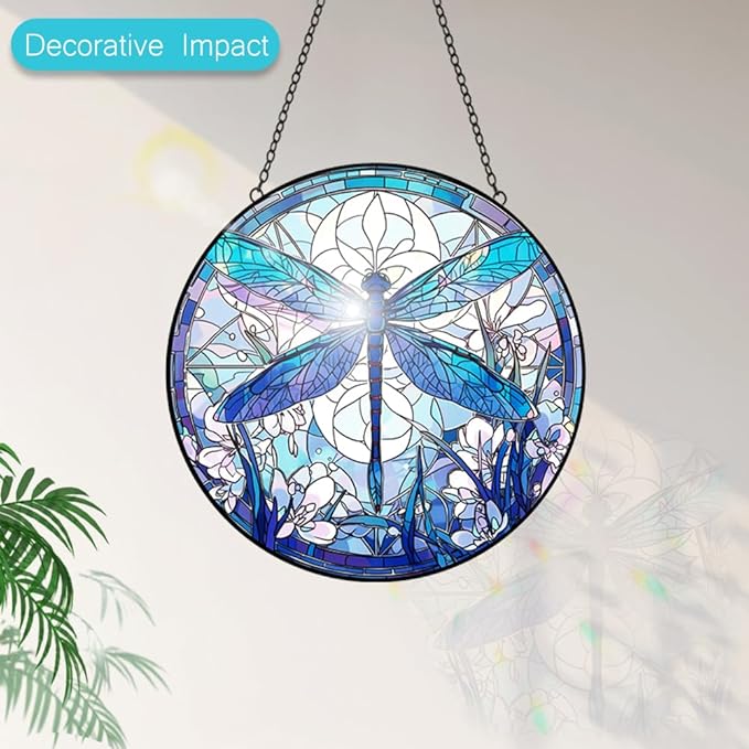 Dragonfly Suncatcher Stained Glass Window Hanging - 8” Stained Glass Suncatchers for Windows - Sun Catchers Indoor Window Catcher with Hooks and Chain - Birthday Gifts for Mom Grandma