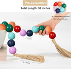 OMISHE 50" Long Extra Large Wood Bead Garland with 1.6" Diameter Wooden Beads and Tassels, Rustic Farmhouse Country Decorative Beads for Home Tiered Tray Decor, Colorful