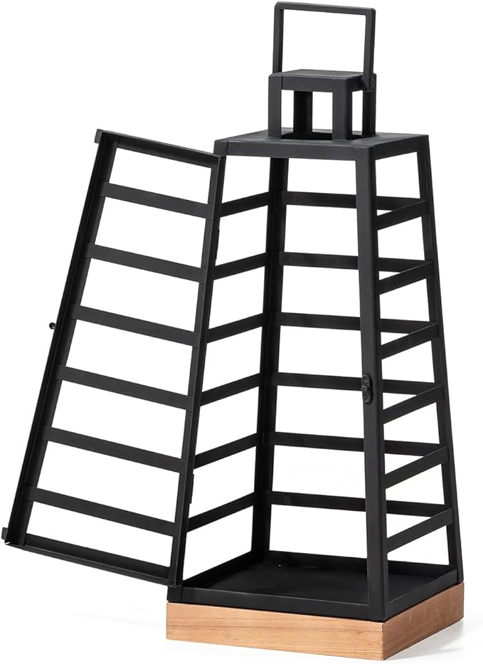 Glitzhome Set of 2 Modern Trapezoid Metal/Wood Decorative Lanterns,Large Candle Lanterns for Living Room,Home,Indoor, Outdoor,Table,Fireplace Mantle Decor -Black(No Glass)