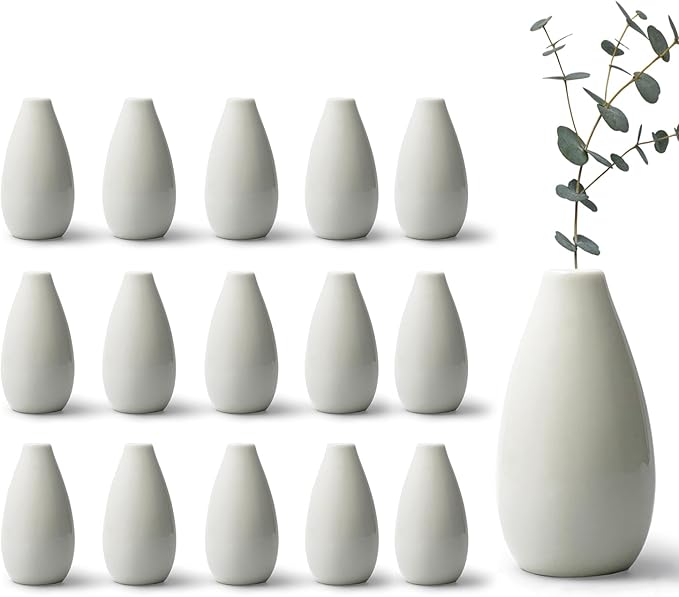 Modern White Small Ceramic Vase Set of 16 for Living Room Bedroom 4.13'' Minimalist Fresh Flower Vases for Home Decor Office Fireplace Centerpieces Nordic Style Gift for Fake Plant 16 Pack