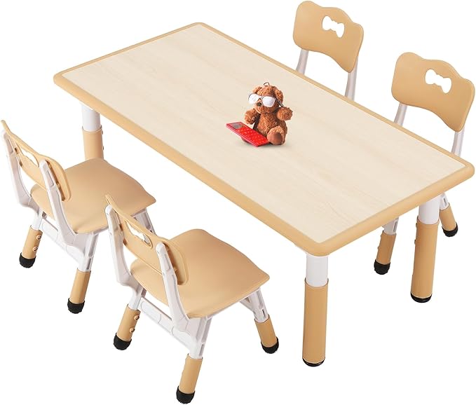 FUNLIO Kids Table and 4 Chairs Set for Ages 3-8, Height Adjustable Toddler Table and Chair Set, Easy to Wipe Arts & Crafts Table, for Classrooms/Daycares/Homes, CPC & CE Approved (5 pcs Set) - Natural