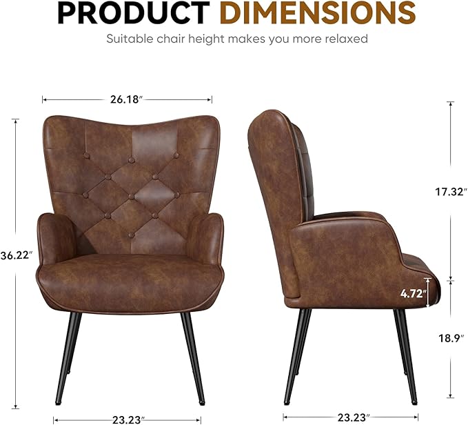 Nalupatio Mid Century Modern Accent Chair, PU Leather Upholstered Tufted Button Chairs, Living Room Reading Wingback Armchair, Side Chair for Living Room Bedroom, Brown