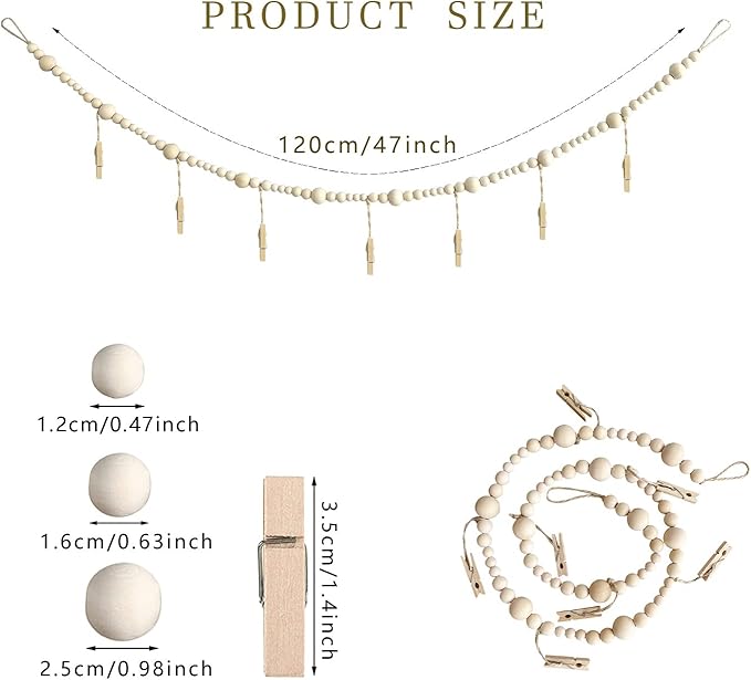 4 Feet Hanging Photo Display with Clips Boho Decor Wooden Bead Garland Birthday Photo Display Holder Frame Decoration for Dorms, Classrooms, Bedrooms