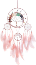 7 Chakras Dream Catchers Tree of Life Large Dream Catcher Pink Feather Wall Decor with Rainbow Healing Crystal Stone Wall Art Hanging Ornaments for Bedroom Home Decor Blessing Gift Wedding -4 Rings