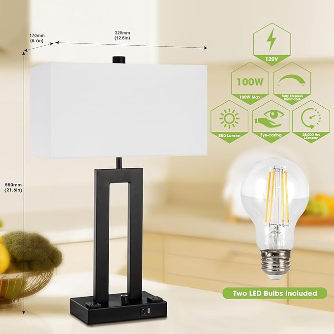 Modern Table Lamps Set of 2-22" Tall Bedside Lamps with USB-C/USB-A Charge Ports & Outlet, Stepless Dimmable Fabric White Shade Nightstand Lamps for Bedroom & Living Room