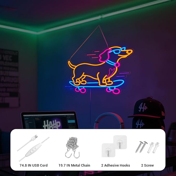 Dachshund Skateboarding Neon Sign, Skateboard Dog Neon Signs for Wall Decor Cool LED Wall Art Decor, Dimmable Dog Lover Gift for Living Room, Bar, Shop, or Birthday Party