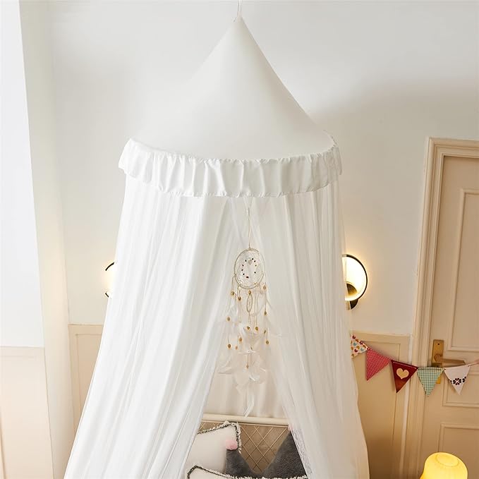 VETHIN Bed Canopy for with Lights,Double Layer Princess Round Dome Dreamy Mosquito Net Bedding Girls Room Castle Play Tent Hanging House Decor Reading Nook Canopies(White/White)