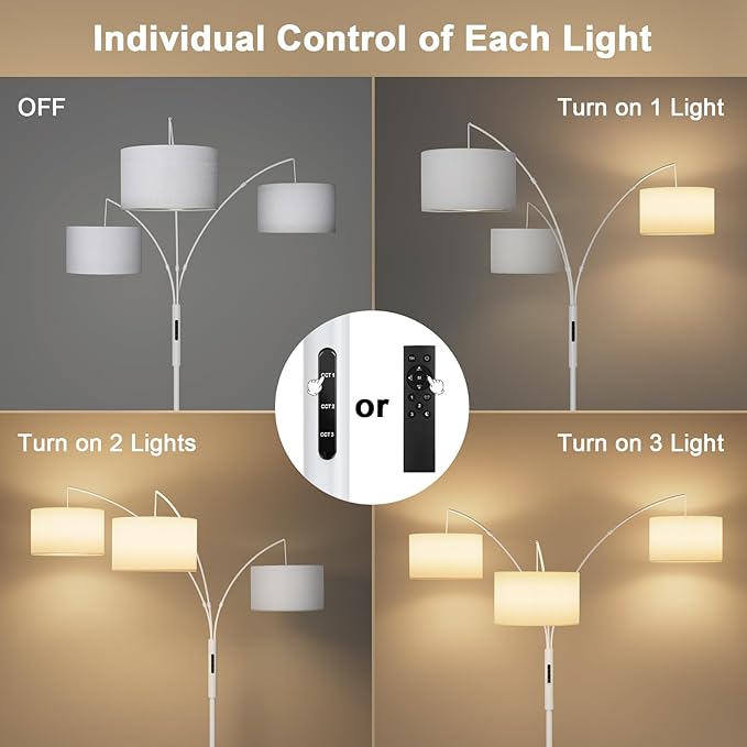 36W LED Arc Floor Lamp with 3 White Fabric Shades, 3001LM Super Bright Standing Lamp with Remote Control & Touch, Stepless Dimming, Individual Light Control for Living Room, Bedroom
