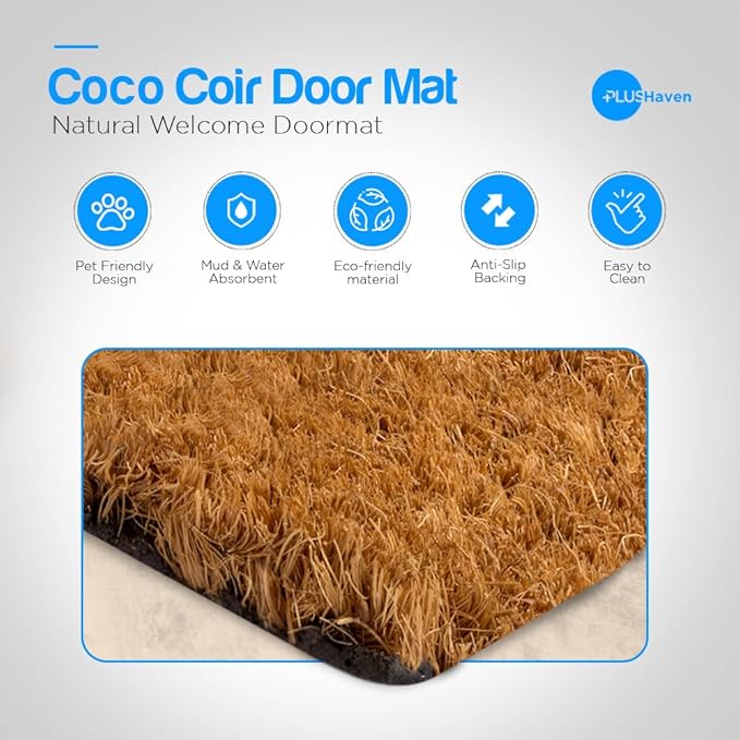 PLUS Haven Coco Coir Door Mat with Heavy Duty Backing, Natural Wipe Your Paws Doormat, 17.5”x30” for Entrance, Front Porch, Easy to Clean Entry Mat, Outdoor and Indoor Uses, Home Decor