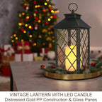 Bright Zeal 13.5" Outdoor Candle Lantern Decorative with LED Pillar Candle Battery Powered (Distressed Gold, 6hr Timer) - IP44 Waterproof Decorative Tabletop Lanterns Hanging Lanterns Indoor Outdoor