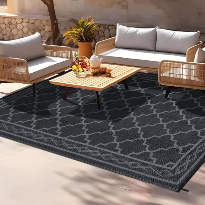 GAOMON Outdoor Plastic Straw Rug, 10'x14' Reversible Sage Green Patio Mat, Flower Modern Design for RV, Backyard, Deck, Camping, Picnic, Black/Grey(Geometric)