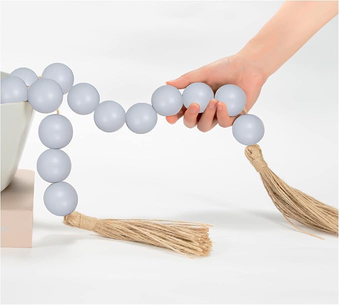 OMISHE Extra Large Wood Bead Garland Grey with 1.6" Diameter Wooden Beads and Tassels, 41" Long Rustic Farmhouse Country Decorative Beads for Home Farmhouse Decor, Grey