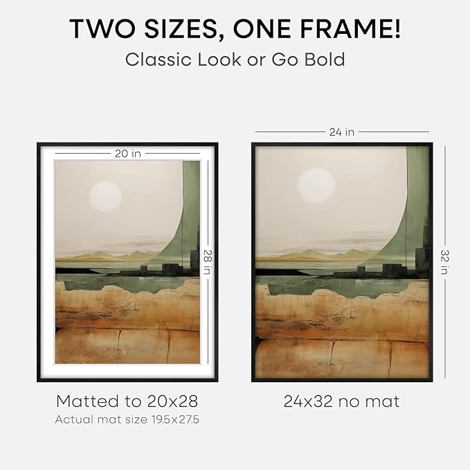 Homeforia Black Wood Frame 24x32, High End Oak 24x32 Large Wooden Poster Frames with Mat 20x28 inch Photo, 24 x 32 Picture Frame Matted to 20 x 28, 32x24 Thin Frame, Tempered Glass, Wall Kit, Set of 1