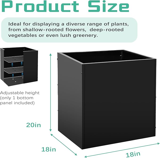 Metal Rectangular Planter Box, Small Planter Boxes Outdoor, 18''L x 18''W x 20''H Heavy Duty Plant Box with Removable Insert Shelf, 3 Tier Adjustable Height Tall Garden Planter for Plants, Flowers