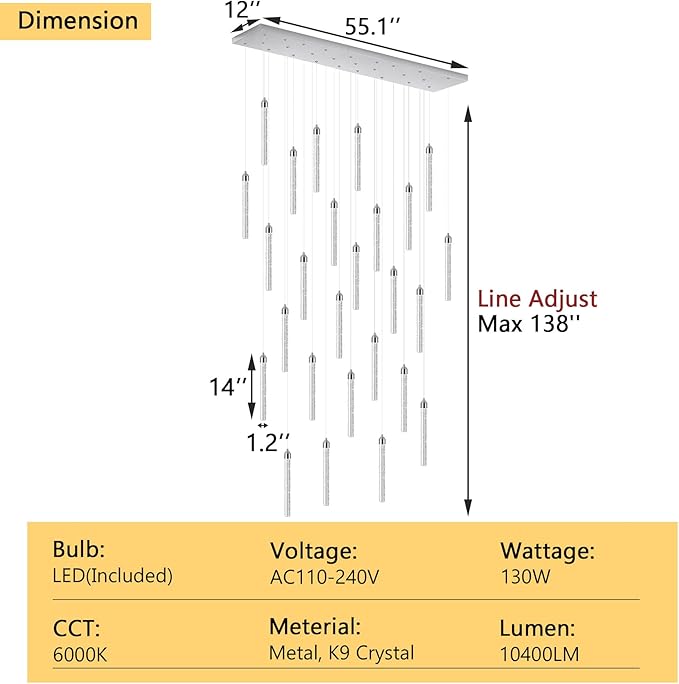 Rectangular Chandeliers 26-Lights Long Light for Entryway LED Dimmable Chandeliers Lighting Fixture Flat Sloped High Ceiling Pendant Lights Crystal for Living Room Foyer Hallway Staircase Silver