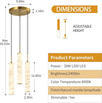LMQNINE Natural Alabaster Pendant Lights for Kitchen Island White Marble Long Tube Chandelier Modern Gold Ceiling Light Fixtures for Bedroom Dining Room Table Living Room Hallway(M-3Light)
