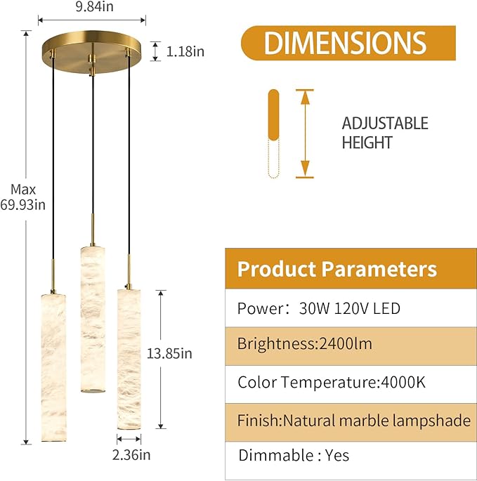 LMQNINE Natural Alabaster Pendant Lights for Kitchen Island White Marble Long Tube Chandelier Modern Gold Ceiling Light Fixtures for Bedroom Dining Room Table Living Room Hallway(M-3Light)