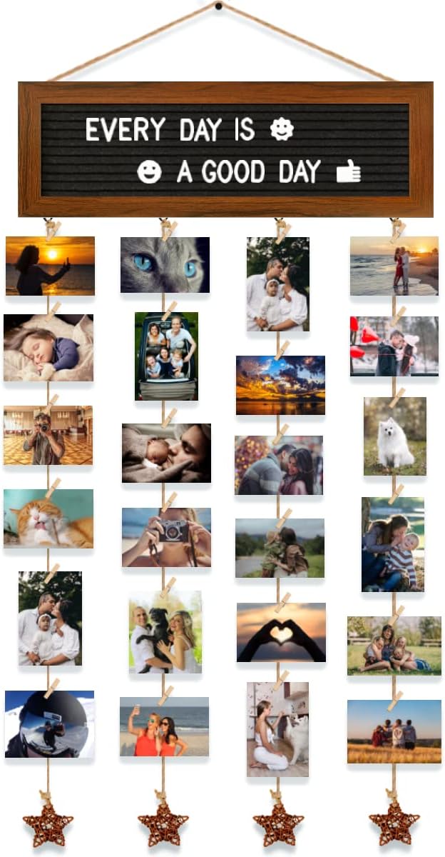 Picture Frames Collage Wall Decor Photo Collage Frame Hanging Photo Display, Felt Letter Board with 340 Letters and 30 Clips, Unique Rustic DIY Photo Frames for Family Best Friends