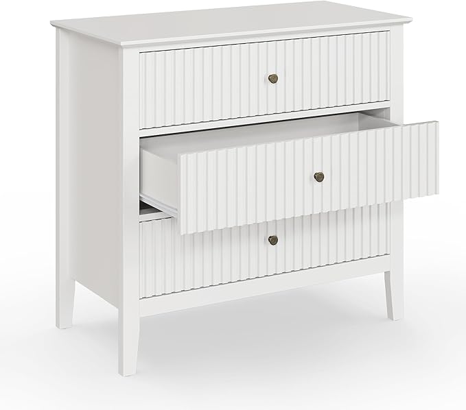 Large White Fluted 3 Drawer Dresser Set of 2, Chest of Drawers with Ball Bearing Slide Modern 30 inch Tall Wood Nightstand with Spacious Storage for Bedroom Hallway Living Room Entryway