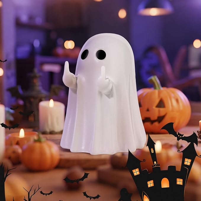 Halloween Ghost Figurine - Spooky Resin Ghost Statue, Cute Finger Ghost Ornaments, Perfect for Indoor & Porch Halloween Decor (Halloween Ghost Figurine)