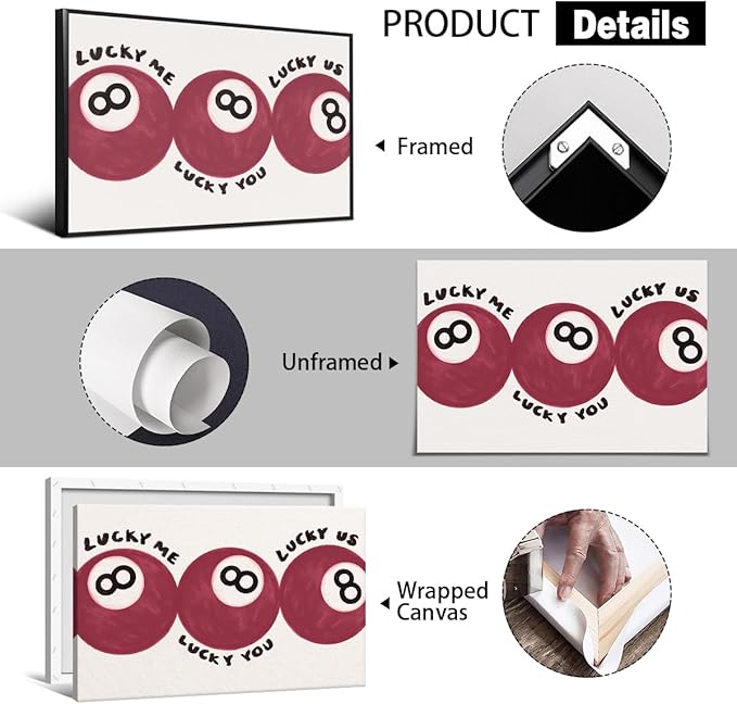 Red 8 Ball Poster, Lucky Me Lucky You Lucky Us Quote Canvas Wall Art, Playful Billiards Balls Picture Print, Retro 8ball Pool Painting for Bar Cart Game Room Man Caves Wall 12x16in Framed