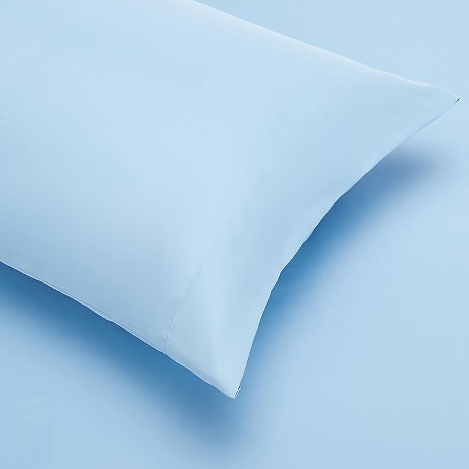 Amazon Basics Full/Queen Comforter Set with Sheets, 7-Piece Blue Stripe Bedding, Lightweight Microfiber Bed-in-a-Bag, Striped