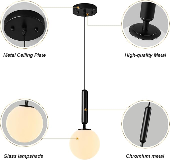 Modern Hanging Light Fixture Pendant Lighting for Kitchen Island Mid Century Black Pendant Lights with Globe Milky White Glass Pendant Light for Bedroom Bathroom Entryway (2 Pack)